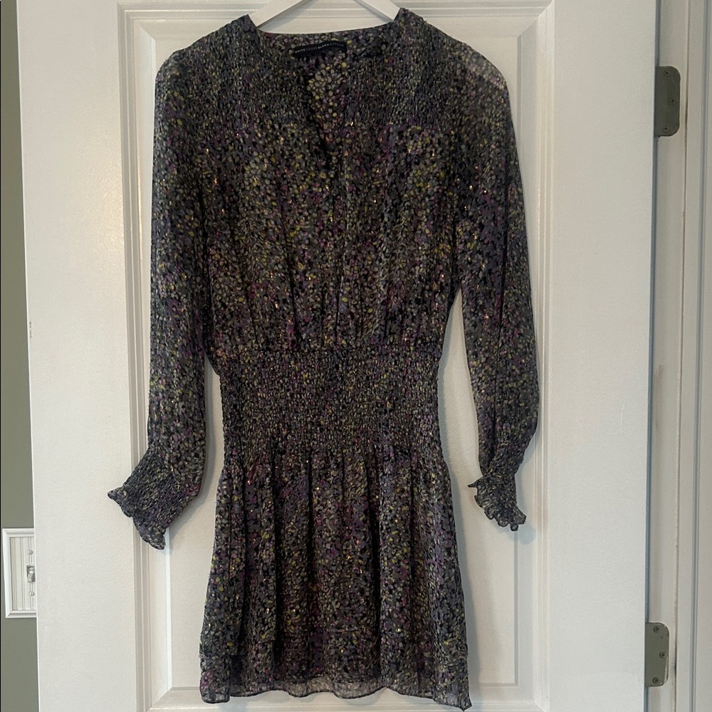 White House Black Market Black Floral Smocked-Waist Long Sleeve Dress